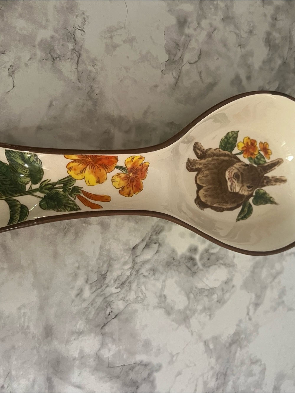 Vintage Ceramic Spoon Rest with Brown Bunny and Yellow Floral Accents